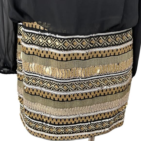 Aidan Mattox Black Sequin Metallic Long Sleeve Cold Shoulder Mini Pencil Dress 8 - Picture 4 of 6